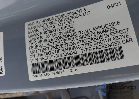 2021 Honda Accord Sport from USA, damaged, VIN 1HGCV1F37MA068383